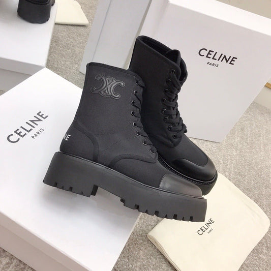 CELINE BULKY LACED UP BOOT IN NYLON AND SHINY BULL BLACK - Rachellebags