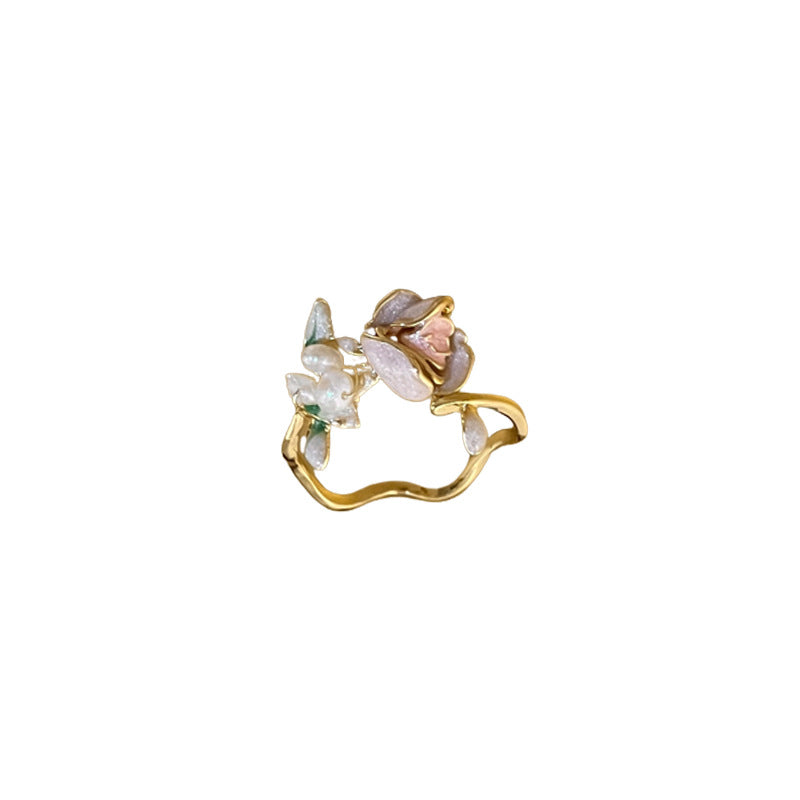 sweet flower metal plating inlay pearl zircon gold plated women's open ring