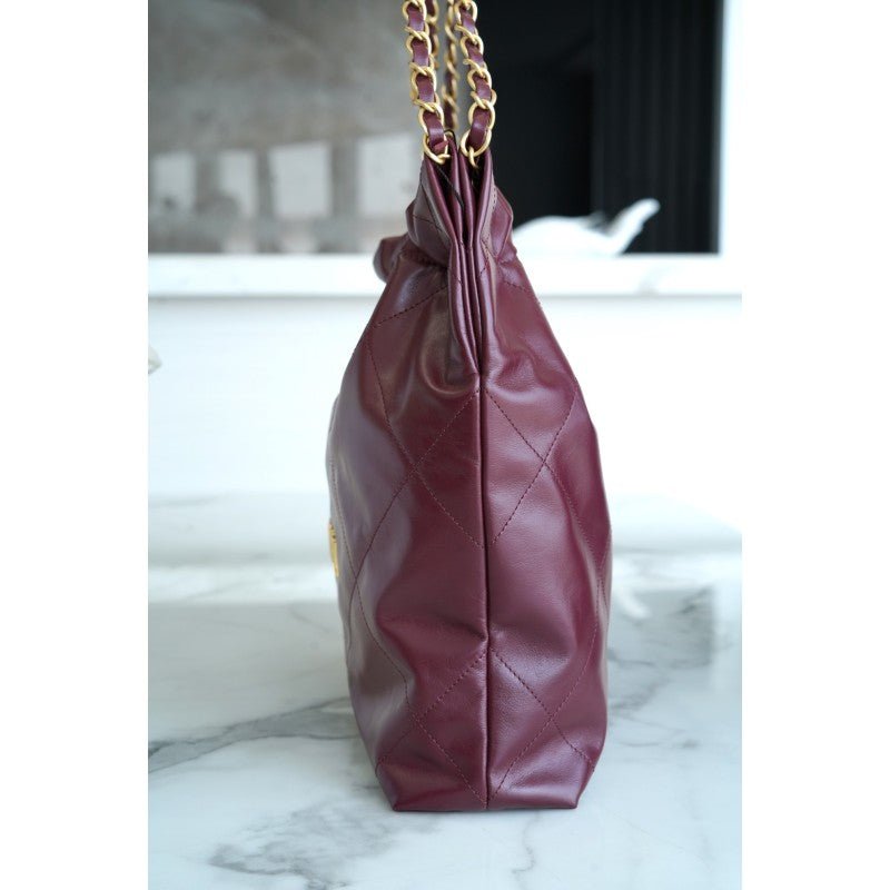 𝗖𝗛𝗔𝗡𝗘𝗟 ✦𝟐𝟐𝗣 Advanced Handcraft Workshop 𝟐𝟐 Handbag Genuine Leather Large Wine Red - Rachellebags