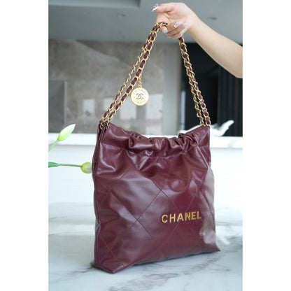 𝗖𝗛𝗔𝗡𝗘𝗟✦𝟐𝟐𝗣Spring/Summer New 𝟐𝟐Handbag Genuine Tail Leather Wine Red🍷 Small - Rachellebags